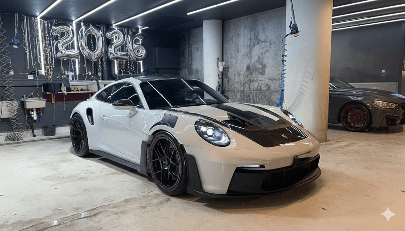 Porsche in weiss-Grau mit einem Body Kit