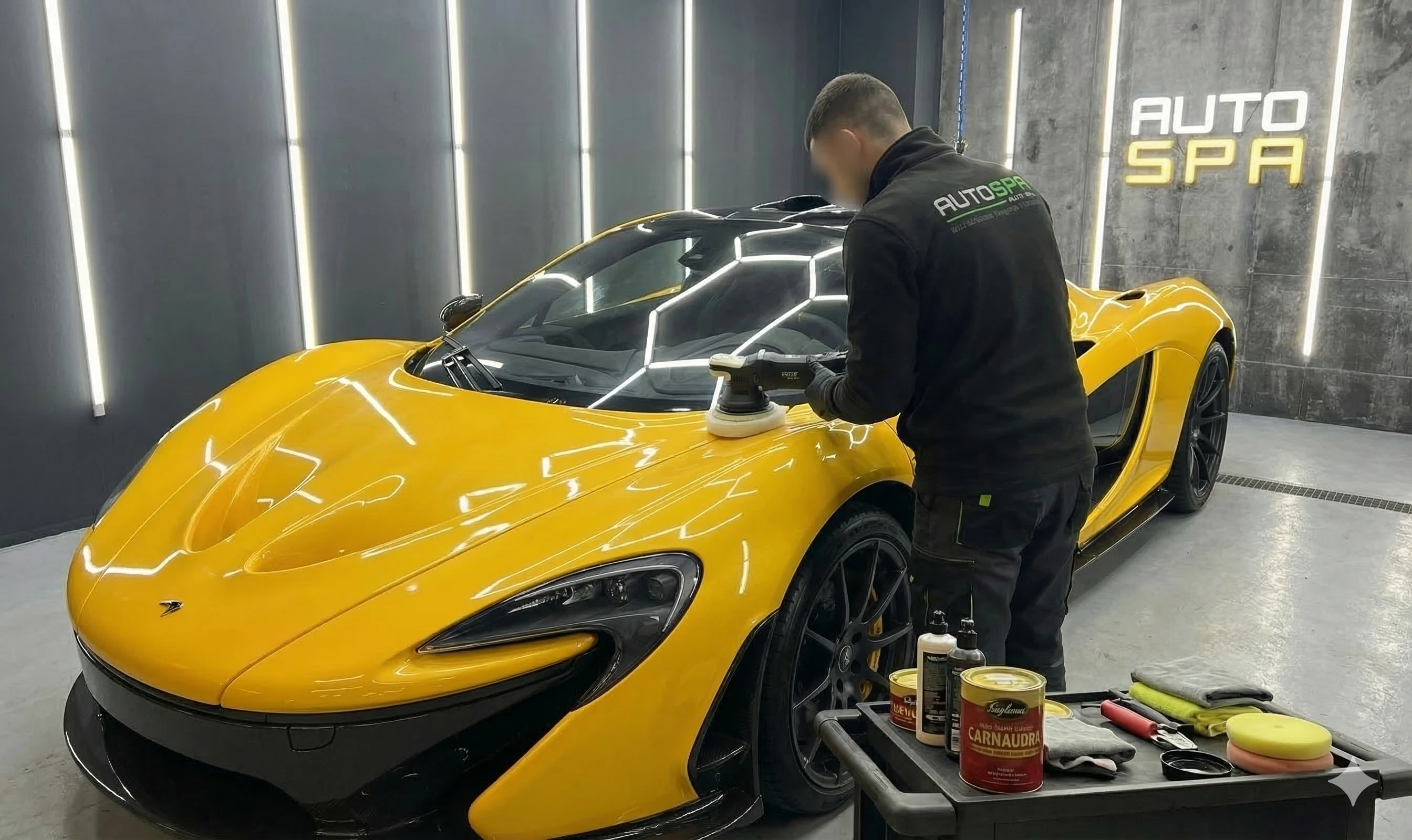 Gelber McLaren P1 bei einer Autoaufbereitung