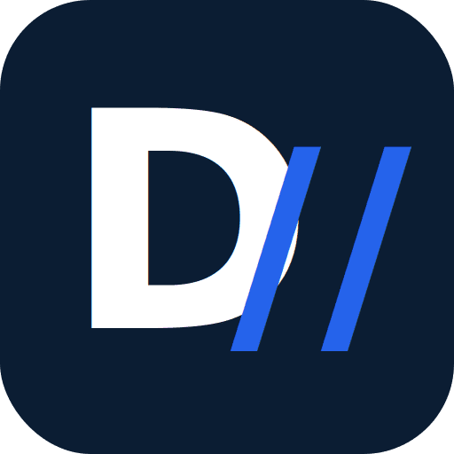 Ein blaues Logo mit einem großen D in Weiss und zwei hellblauen Strichen